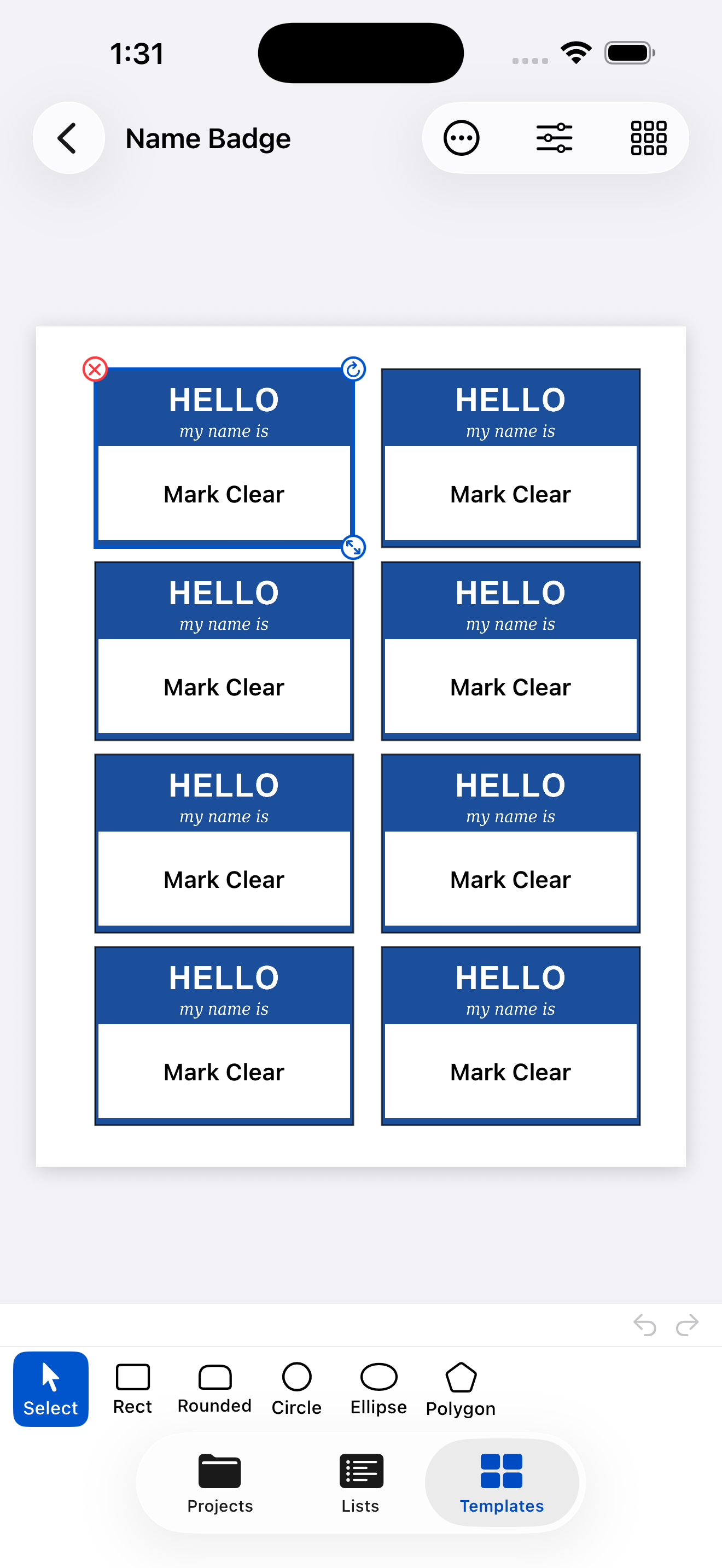Template editor showing label layout