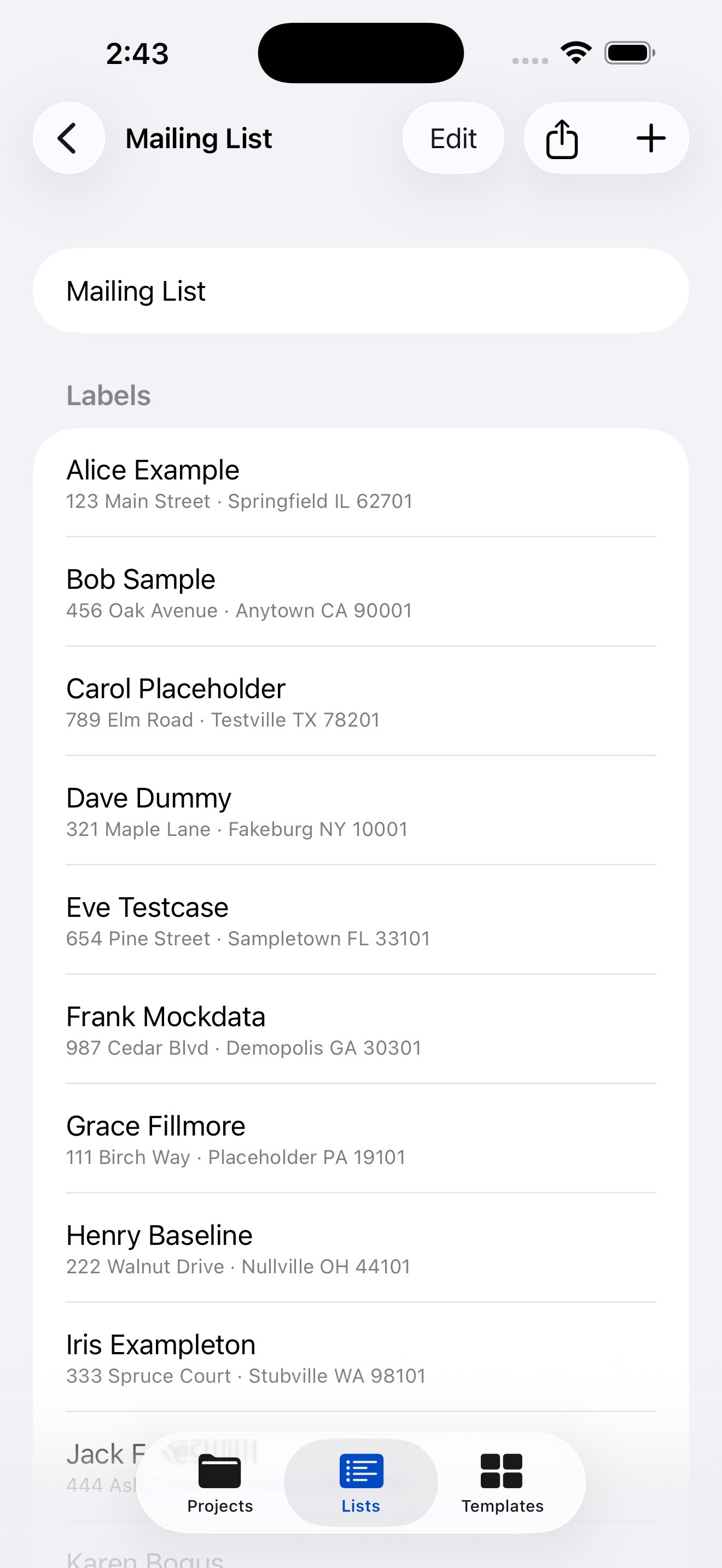 List editor showing label entries